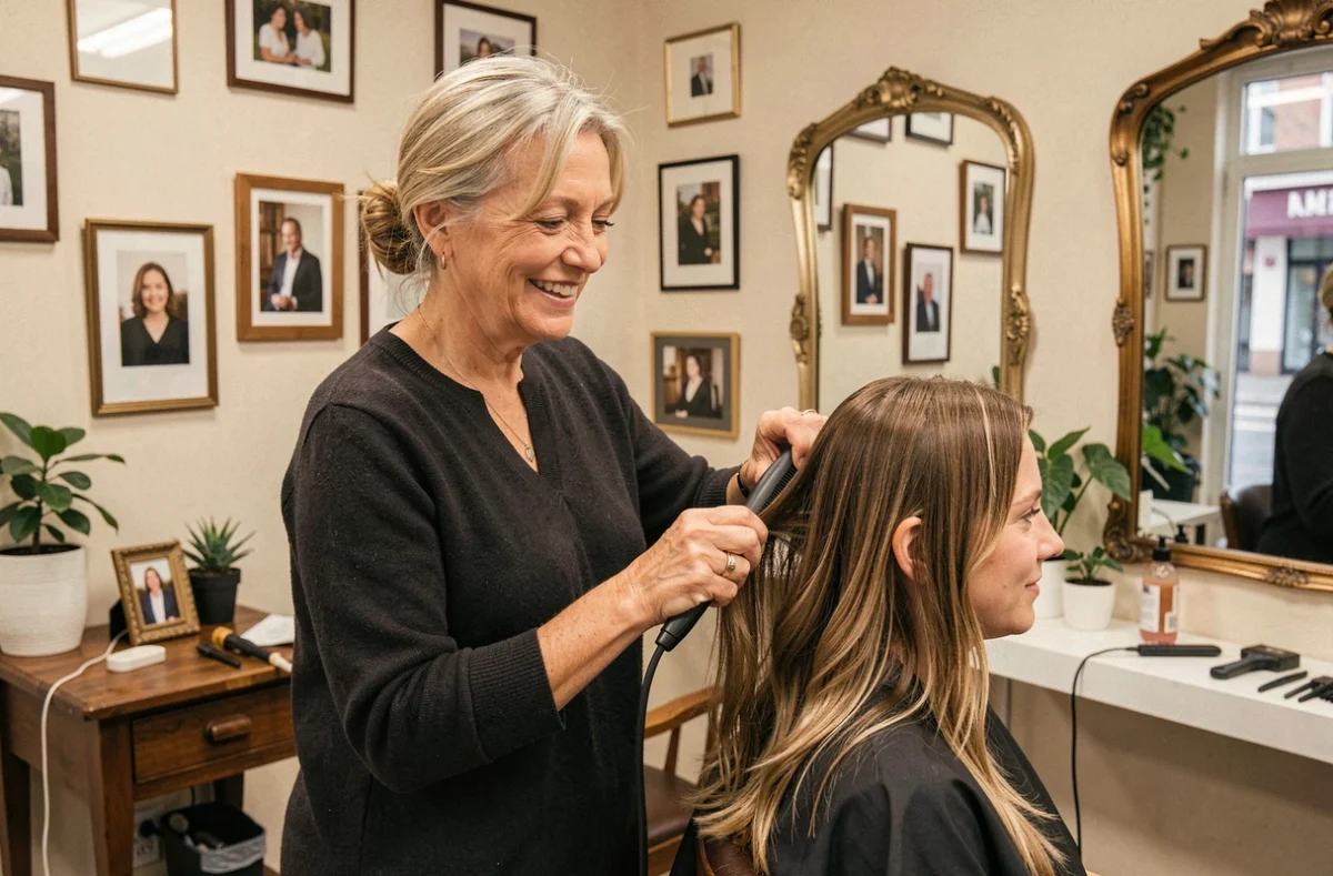 Coiffeuse colorant les cheveux d'une cliente avec soin dans le salon indépendant Nathalie J à Senlis avec décor chaleureux