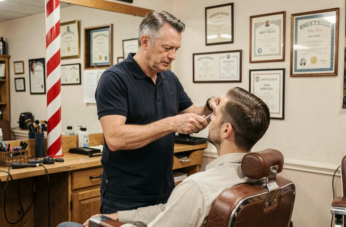 Coiffeur réalisant une coupe classique sur un client masculin dans le salon Olivier Coiffure à Breteuil avec décor traditionnel