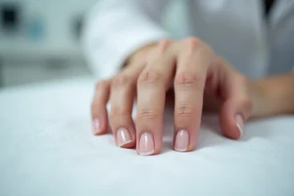 Gros plan sur un ongle fissuré verticalement posé sur une table médicale blanche lors d'une consultation dermatologique