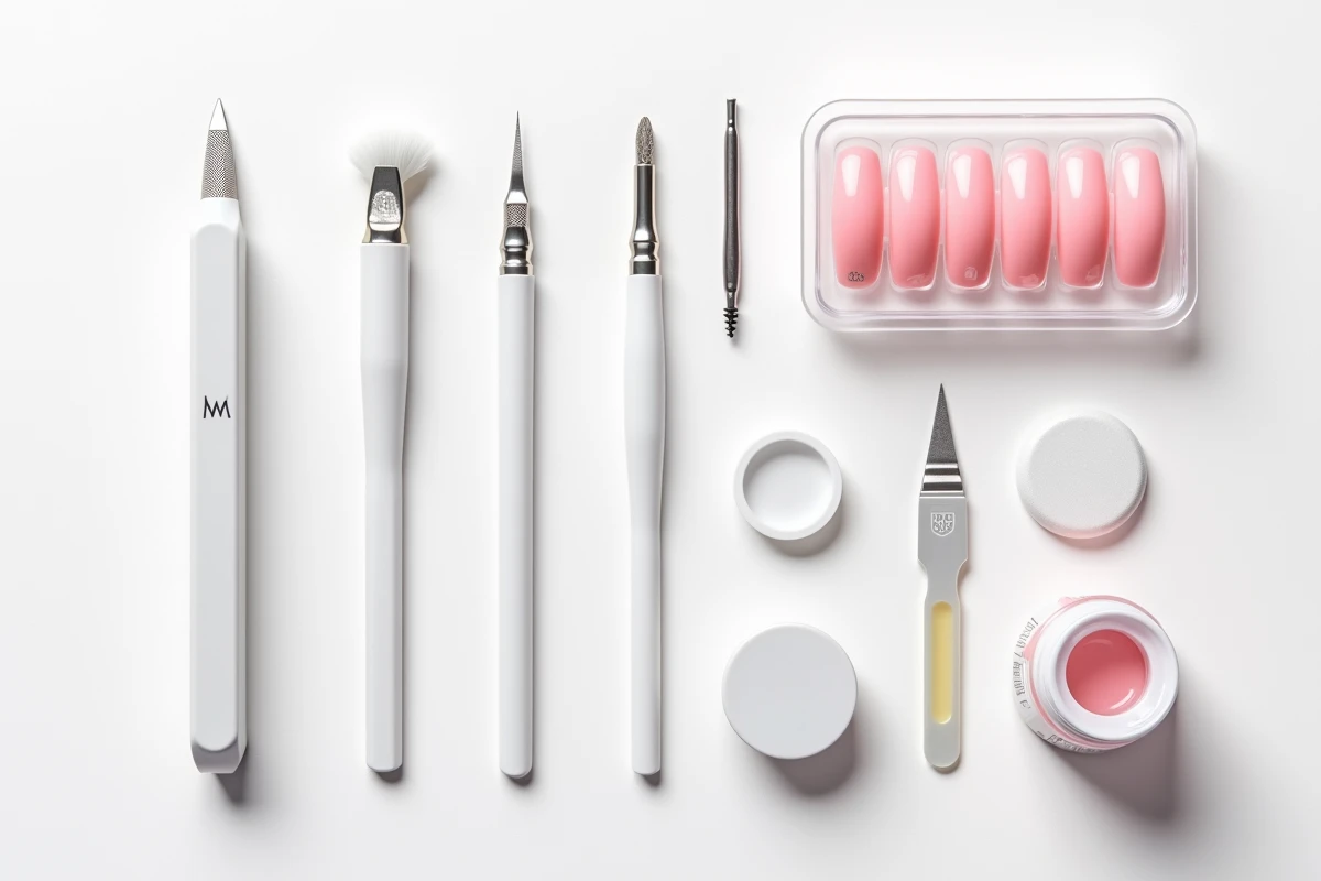Flat lay des outils de pose d'ongles porcelaine incluant chablons dual-form, capsules et pinceaux sur fond blanc