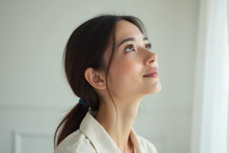 Portrait en gros plan d'une femme au nez aquilin bien défini, vue de trois quarts, illustrant la forme caractéristique du nez aquilin