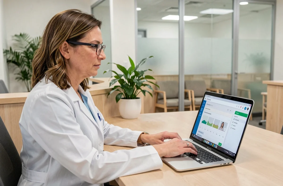 Professionnelle de santé gérant la prise de rendez-vous en ligne sur un ordinateur portable dans un cabinet médical moderne