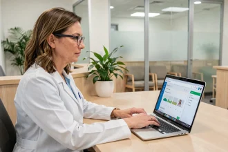 Professionnelle de santé gérant la prise de rendez-vous en ligne sur un ordinateur portable dans un cabinet médical moderne
