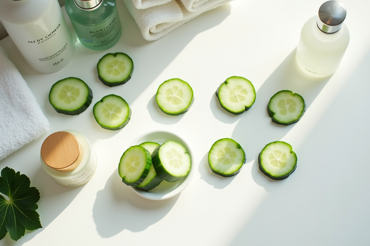Produits de beauté et concombres sur une table de maquillage lumineuse