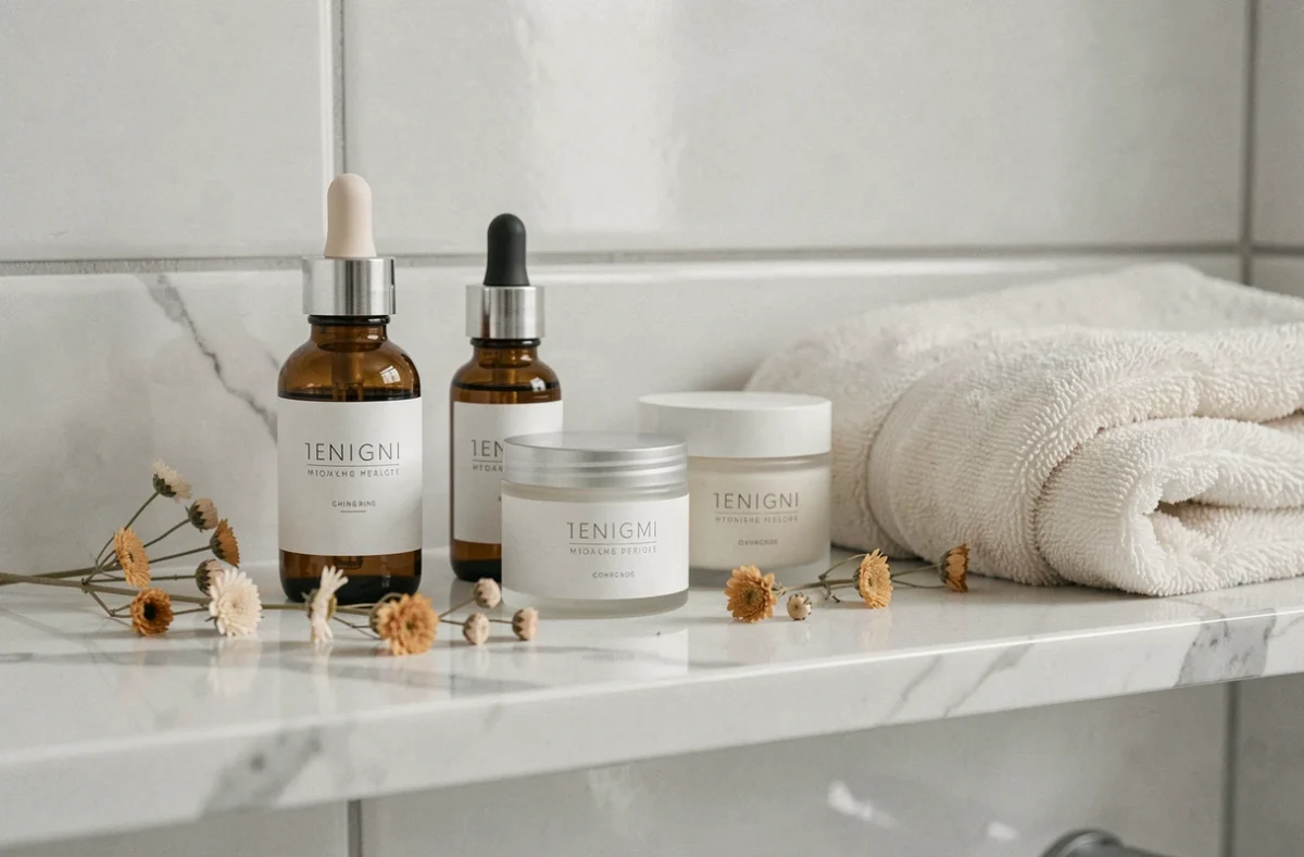Produits de soin Eau Précieuse posés sur une étagère en marbre blanc dans une salle de bain moderne