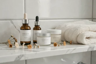 Produits de soin Eau Précieuse posés sur une étagère en marbre blanc dans une salle de bain moderne