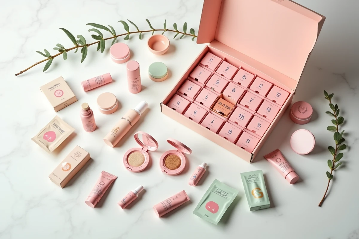Flat lay des produits K-beauty contenus dans le calendrier de l'Avent YesStyle sur fond marbre blanc
