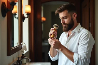 Homme barbu se rasant avec brosse traditionnelle dans salle de bain