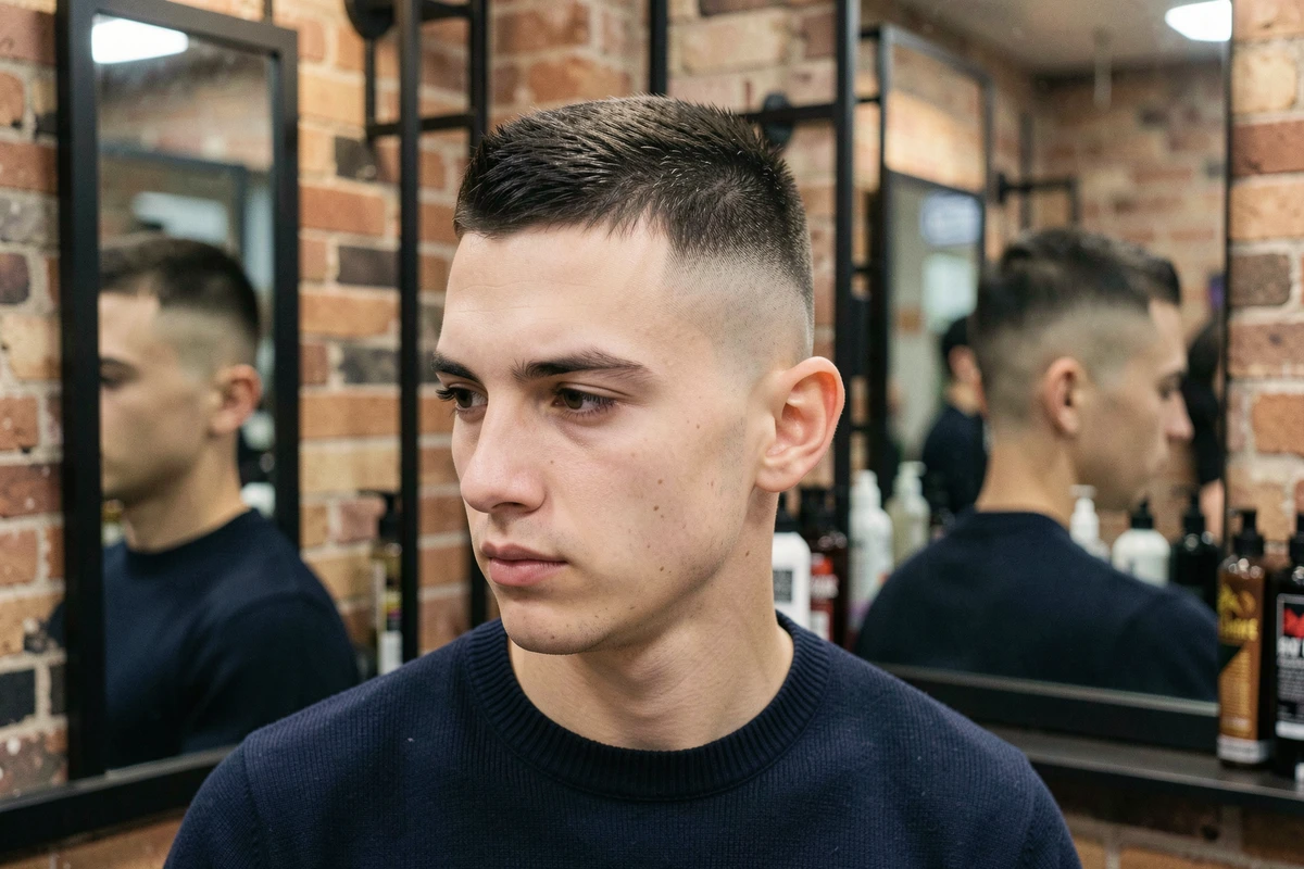 Homme vue de face avec une coupe taper homme nette reflétée dans le miroir d'un barbier moderne en brique