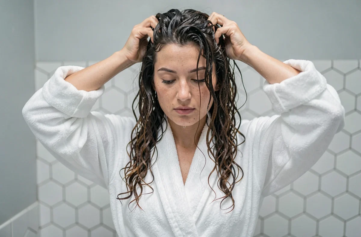 Femme aux cheveux bouclés en transition qui scrunche ses boucles humides avec une serviette en microfibre dans une salle de bain