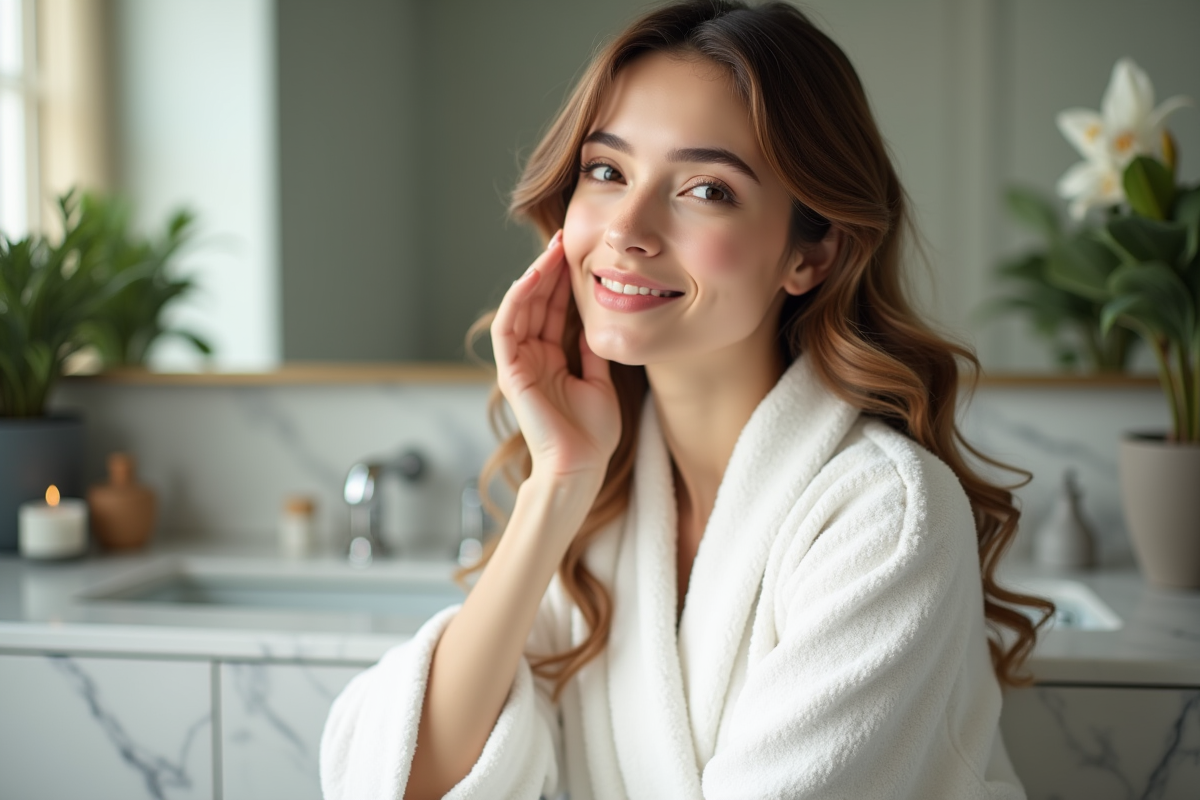 Femme se massant le visage dans sa routine matinale