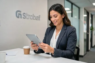 Salariée L'Oréal consultant les offres réservées aux employés sur une tablette dans une salle de pause moderne