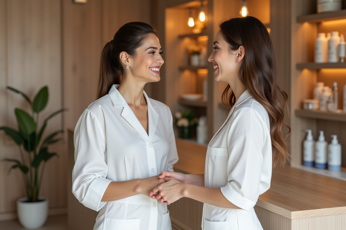 Femme souriante avec estheticienne dans salon moderne