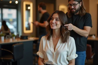 Femme brune souriante dans un salon moderne et cosy