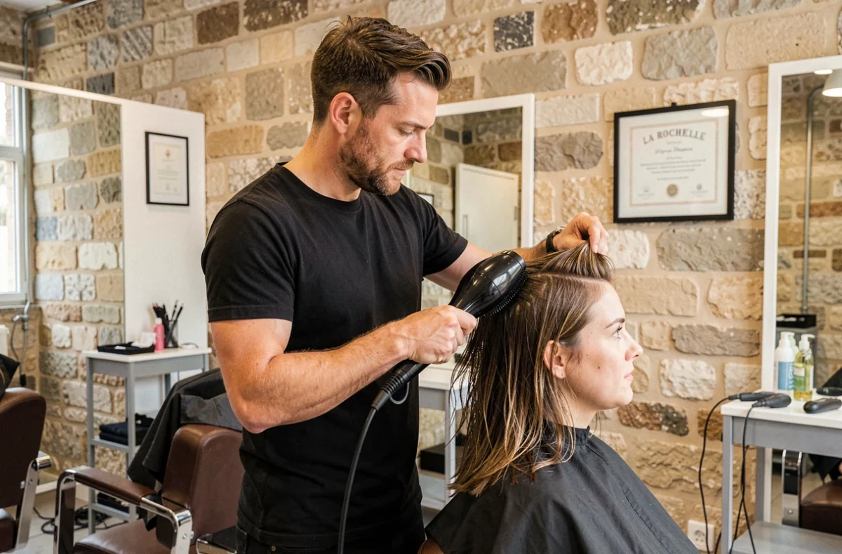 Coiffeur finissant un brushing au salon Stéphane à La Rochelle dans un cadre au mur en pierre apparente