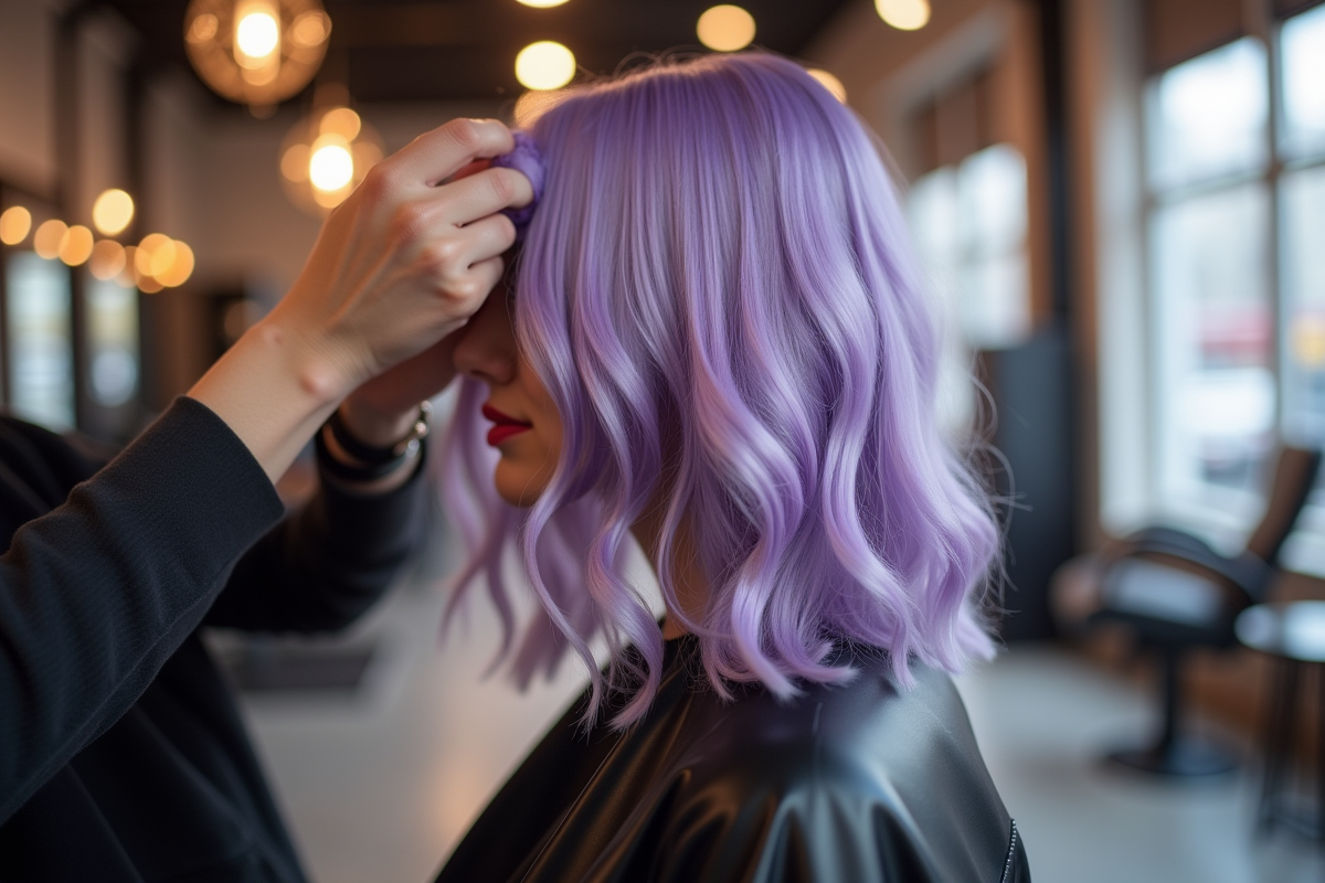 Coiffeur en salon urbain finition couleur lavande tendance