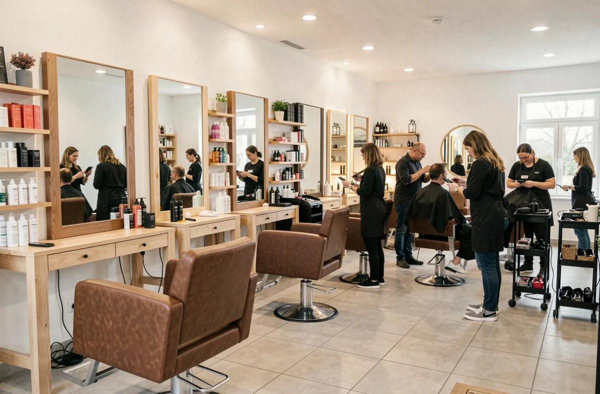 Intérieur d'un salon de coiffure moderne dans l'Oise avec plusieurs postes de coiffure et stylistes au travail