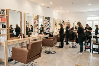 Intérieur d'un salon de coiffure moderne dans l'Oise avec plusieurs postes de coiffure et stylistes au travail