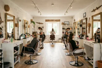 Intérieur d'un salon de coiffure en Charente-Maritime avec plusieurs postes de coiffage et une atmosphère chaleureuse