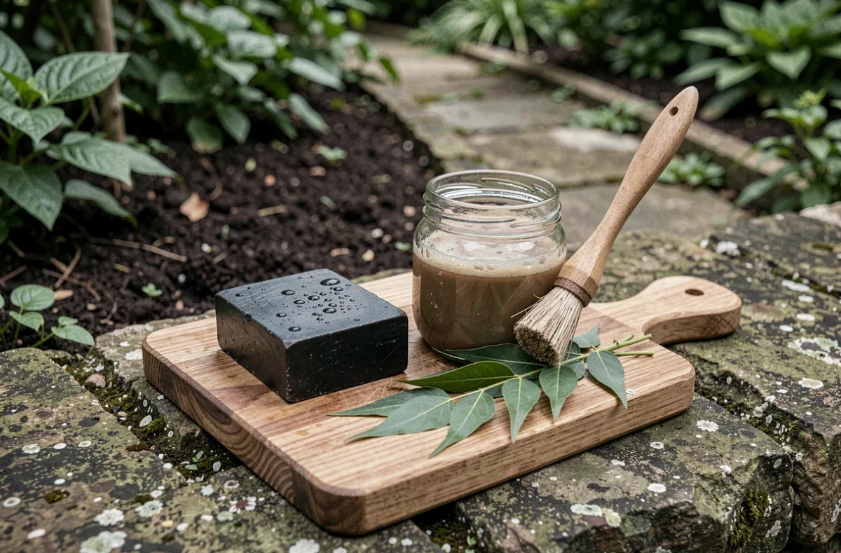 Savon noir artisanal, eau savonneuse en bocal et brosse naturelle posés sur un muret de pierre dans un jardin biologique