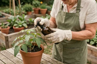 Femme appliquant du savon noir dilué en spray sur les feuilles d'un plant de tomate dans un jardin potager naturel