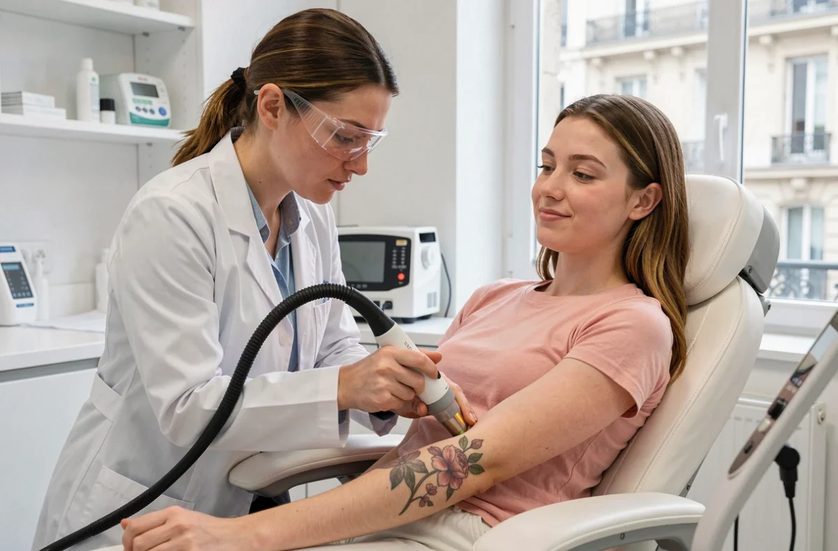 Séance de détatouage laser dans un centre esthétique professionnel à Paris, technicienne appliquant un laser sur un tatouage floral sur l'avant-bras d'une cliente