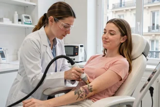 Séance de détatouage laser dans un centre esthétique professionnel à Paris, technicienne appliquant un laser sur un tatouage floral sur l'avant-bras d'une cliente