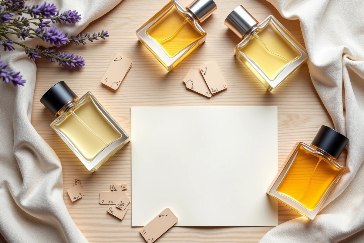 Disposition à plat de plusieurs flacons de parfum avec des bandelettes de test et de la lavande séchée sur bois clair