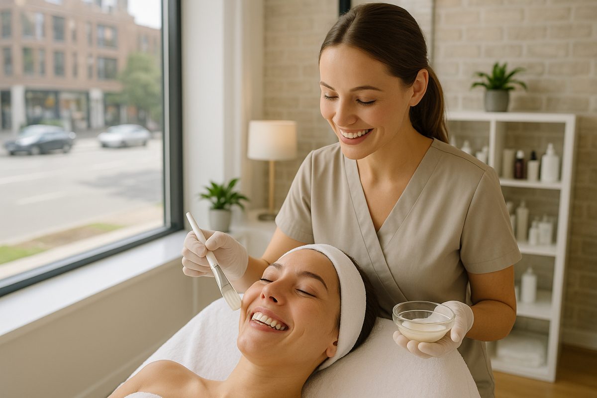 Photo hyperrealiste d'une femme souriante recevant un soin du visage dans un salon moderne