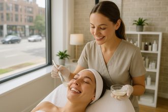 Photo hyperrealiste d'une femme souriante recevant un soin du visage dans un salon moderne