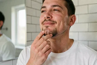 Homme appliquant un baume après-rasage sur son bouc taillé pour éviter les rougeurs et les irritations