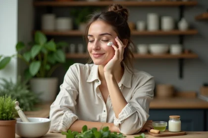 Femme appliquant une creme naturelle sur la joue