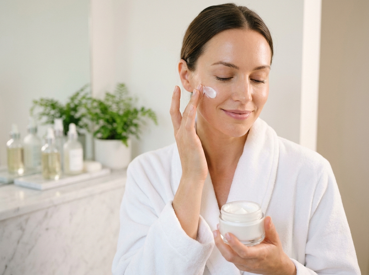Femme appliquant une crème hydratante au panthénol sur son visage dans une salle de bain minimaliste