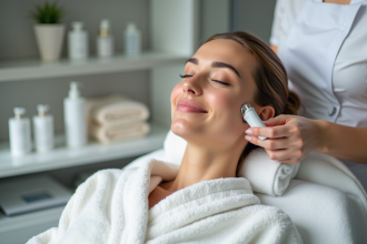 Femme en robe spa recevant un hydrafacial visage