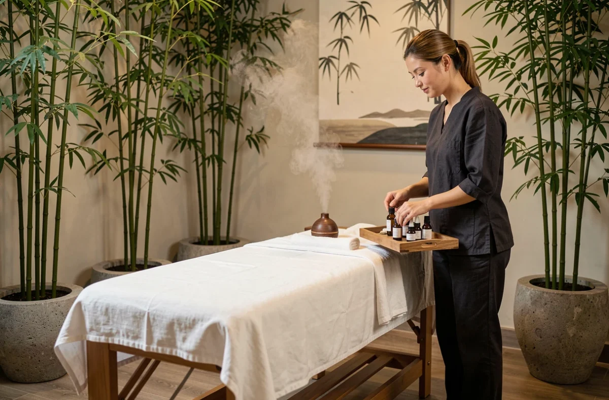 Salle de soin zen et paisible du spa So'zen à Meaux avec table de massage en lin blanc et décoration japonaise minimaliste