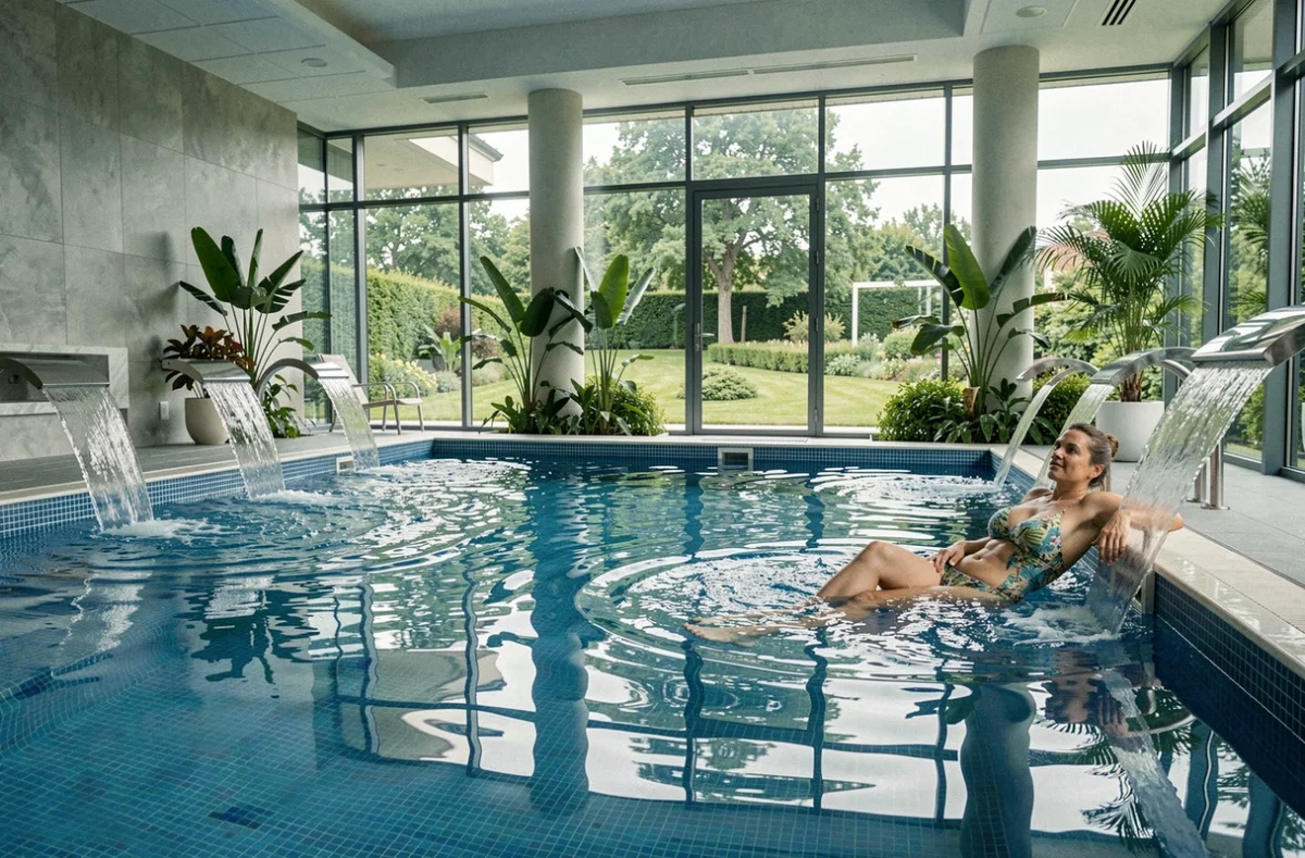 Espace piscine de balnéothérapie du Spa Aquatonic à Montevrain avec jets hydromassants et facade vitrée sur jardin