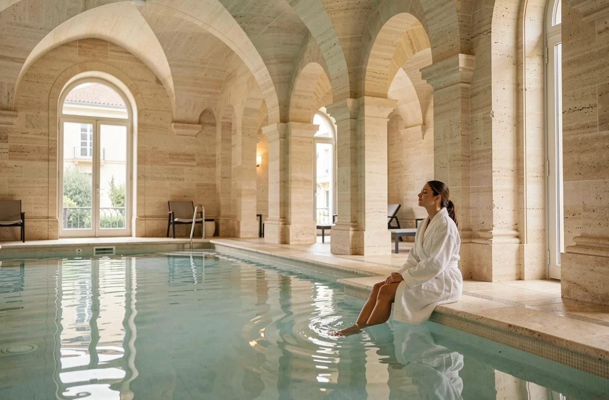 Femme en robe de spa se relaxant au bord de la piscine thermale intérieure de Spa La Parenthèse à Aix-les-Bains