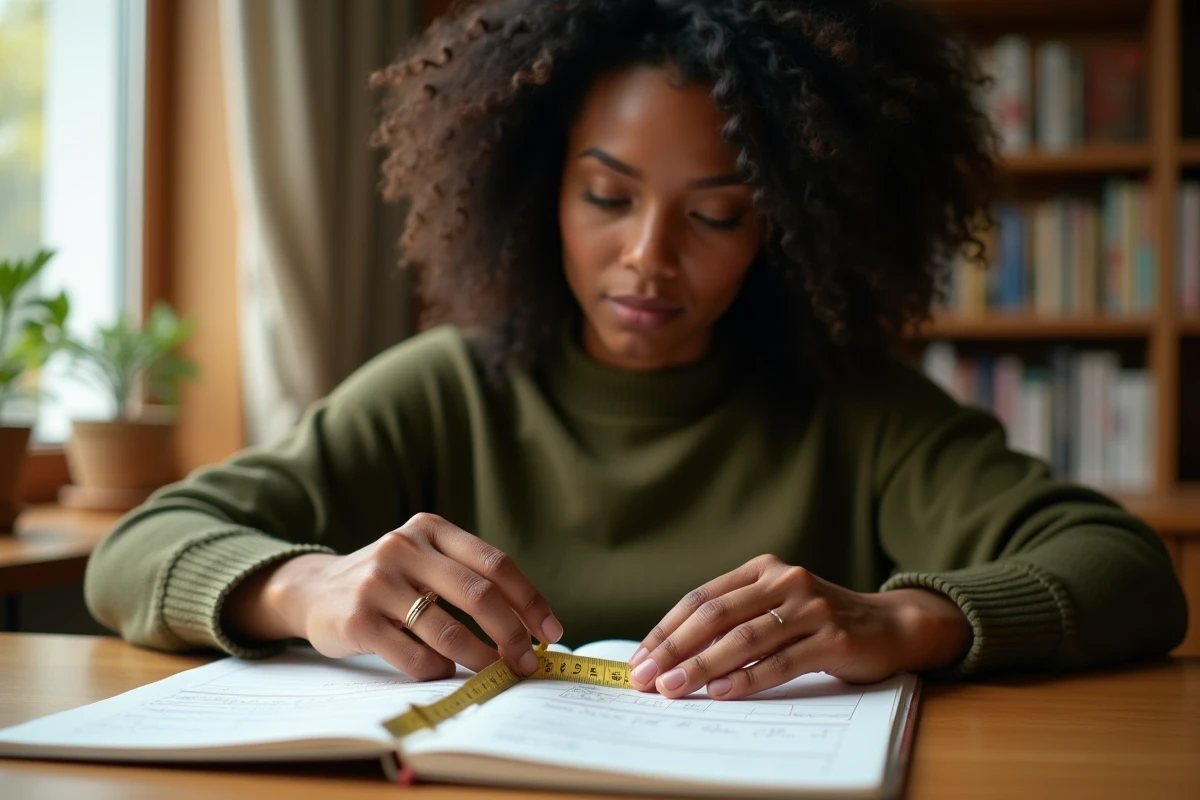 Jeune femme aux cheveux naturels bouclés mesurant la longueur d'une mèche avec un ruban à mesurer et un journal de suivi capillaire fait maison