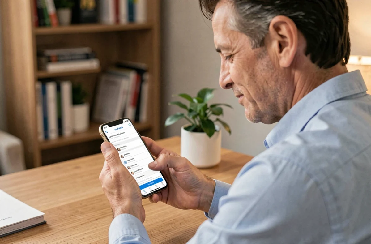 Homme utilisant une application mobile pour synchroniser ses rendez-vous médicaux via un portail patient en ligne depuis son domicile