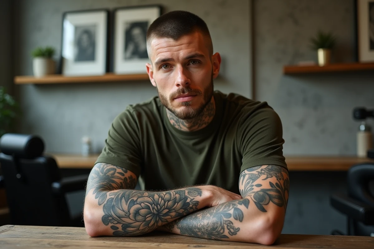 Tatouage fleur de lotus en noir et gris sur l'avant-bras d'un homme dans un studio de tatouage, illustrant les différentes significations selon les couleurs