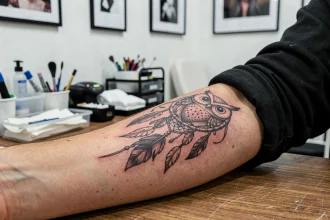 Tatouage hibou et attrape-rêves en noir et gris sur avant-bras dans un studio de tatouage professionnel