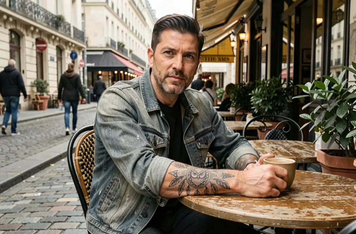 Homme avec tatouage hibou attrape-rêves sur l'avant-bras attablé en terrasse de café parisien
