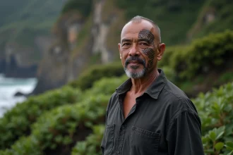 Homme maori avec tatouage traditionnel tā moko sur le visage, spirales noires sur le menton et les joues, paysage côtier néo-zélandais en arrière-plan