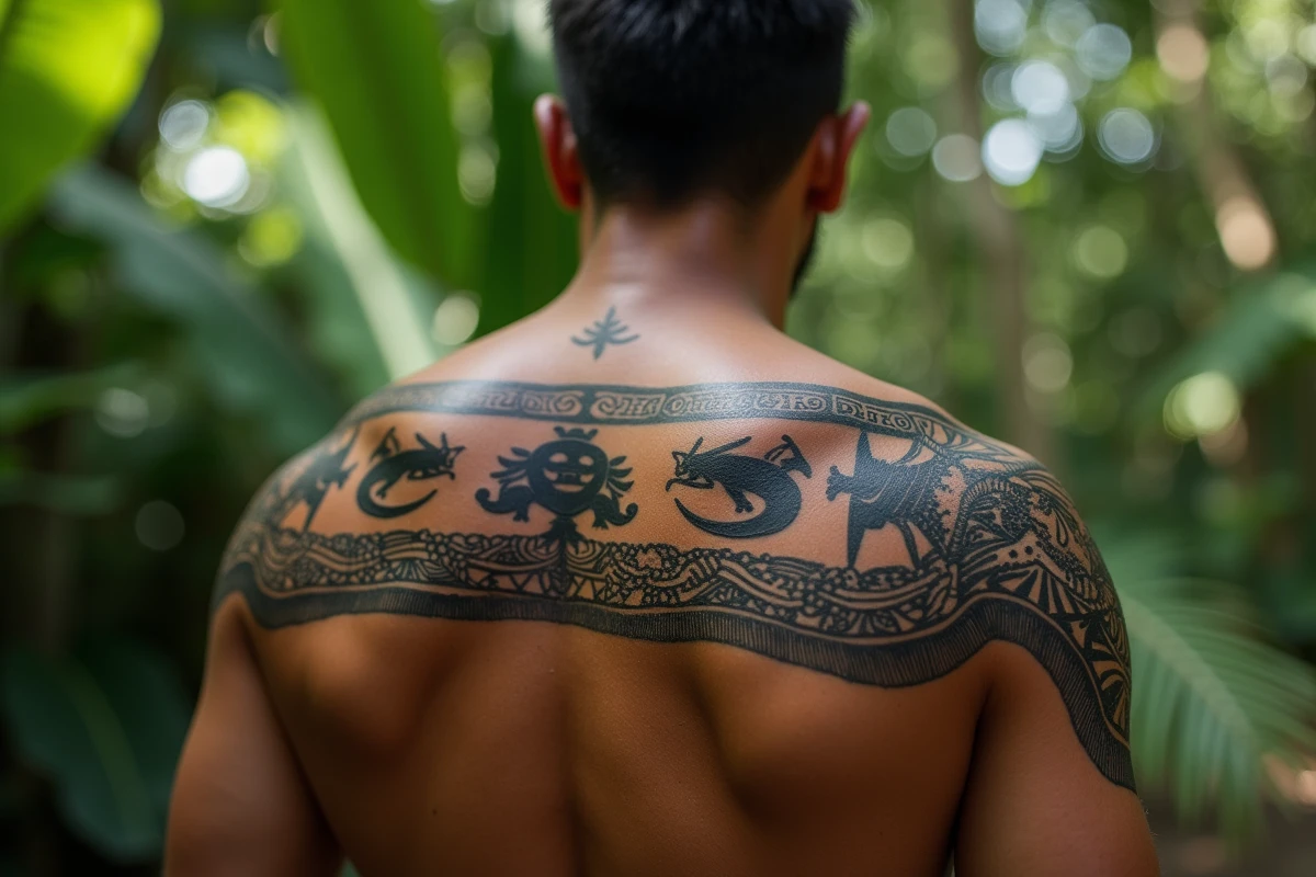 Gros plan du dos et de l'épaule d'un homme polynésien avec un tatouage marquisien traditionnel représentant des motifs enata, gecko et vagues