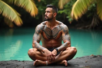 Homme polynésien torse nu assis sur un rocher volcanique, montrant ses tatouages traditionnels maori avec motifs tortue et vagues sur les bras et la poitrine