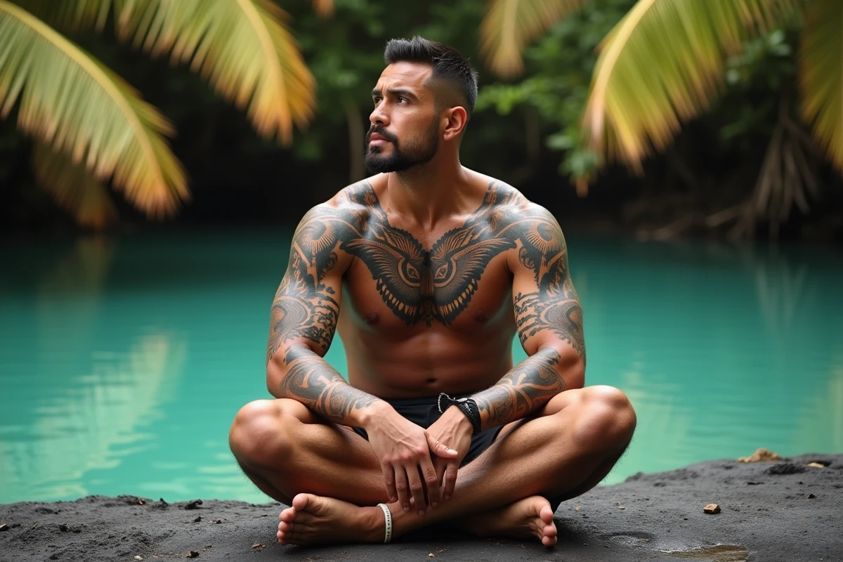 Homme polynésien torse nu assis sur un rocher volcanique, montrant ses tatouages traditionnels maori avec motifs tortue et vagues sur les bras et la poitrine