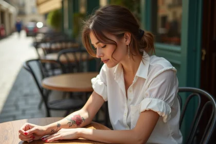 Femme montrant un tatouage rose rouge sur l'avant-bras, symbolisant la passion et l'amour, dans un café parisien