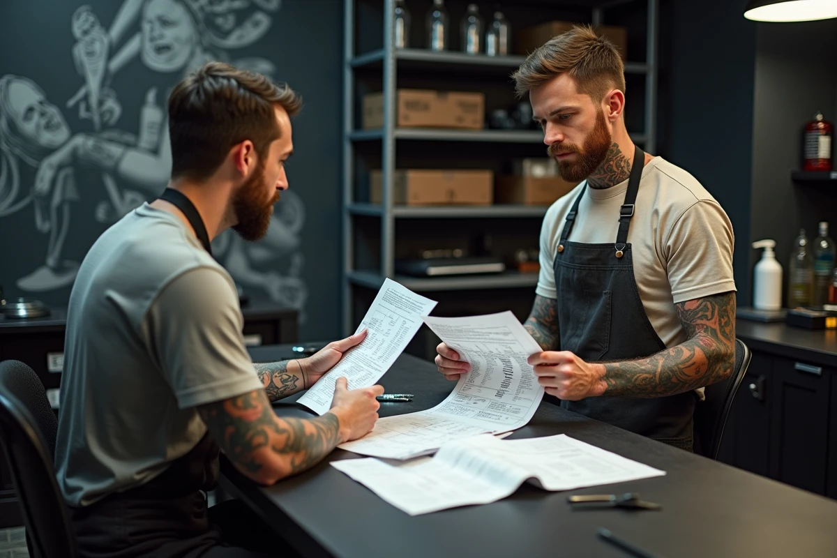 Tatoueur montrant un devis tatouage à un client dans le studio
