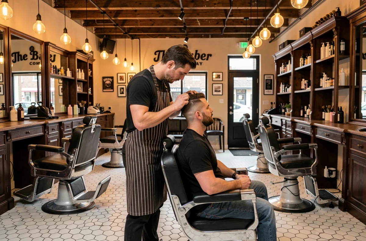 Barbier réalisant une coupe de cheveux précise dans l'ambiance américaine vintage de The Barber Company à Pontault-Combault