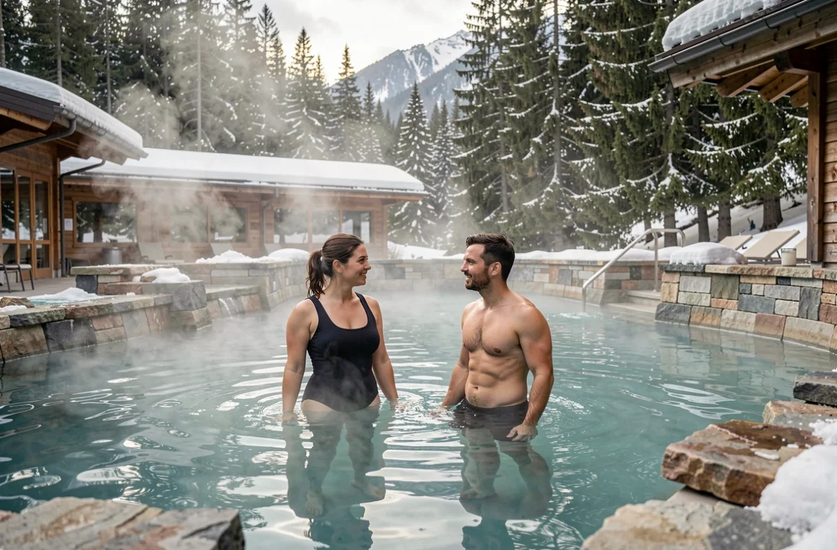 Couple profitant de la piscine thermale extérieure des Thermes d'Allevard entourée de pins enneigés